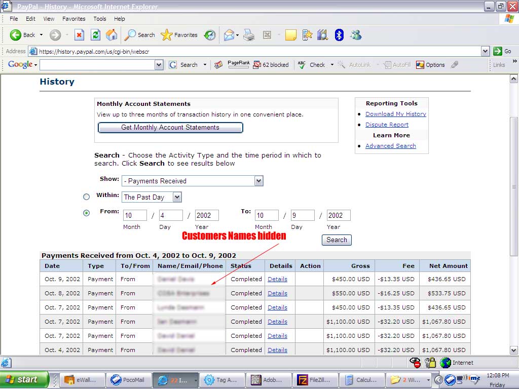 PayPal payment history showing multiple transactions in October 2002